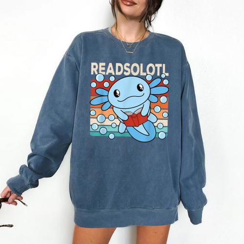 Readsolotl Blue Kawaii Axolotl Book Lover Reading Retro Comfort Colors Sweatshirt - Bookorys