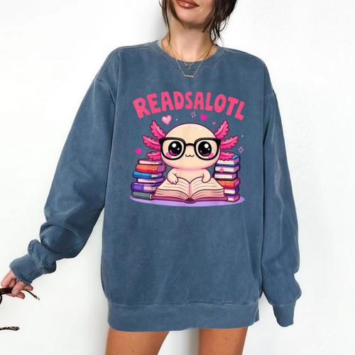 Readsolotl Pink Kawaii Axolotl Book Lover Reading Comfort Colors Sweatshirt - Bookorys