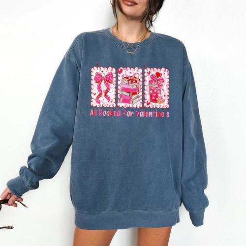 Retro Coquette Bow All Booked For Valentines Book Lover Cute Comfort Colors Sweatshirt - Bookorys