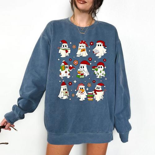 Santa Ghost Reading Books Christmas Library Teacher Comfort Colors Sweatshirt - Bookorys AU