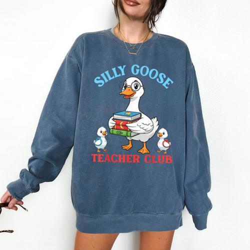 Silly Goose With Books Teacher Club School Educator Comfort Colors Sweatshirt - Bookorys DE