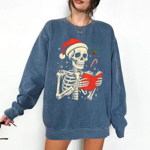 Skeleton Reading Book Christmas Teacher Librarian Book Lover Comfort Colors Sweatshirt - Bookorys CA