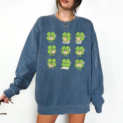 Teacher Reading Shamrock St Patrick’s Day Book Lover Kids Comfort Colors Sweatshirt - Bookorys