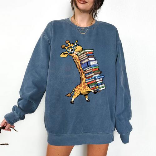 Teacher Shirt Giraffe Holding Books Bookworm Librarian Comfort Colors Sweatshirt - Bookorys