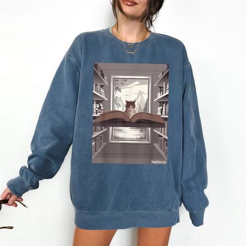 Totally Weird Tees Cat Library Book Reading Literary Comfort Colors Sweatshirt - Bookorys AU