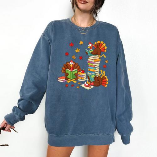 Turkey Reading Books Fall Librarian Book Lover Teacher Kids Comfort Colors Sweatshirt - Bookorys