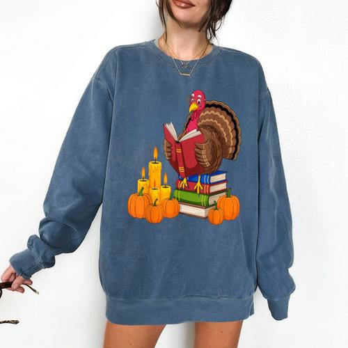 Turkey Reading Books Fall Thanksgiving Teacher Book Comfort Colors Sweatshirt - Bookorys