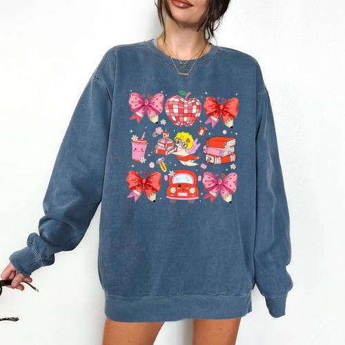 Valentine Cupid Coquette Pink Bow Apple Books Teacher Comfort Colors Sweatshirt - Bookorys