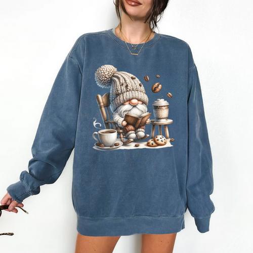 Vintage Cute Gnome Reading Book Coffee Cute Gnome Graphic Comfort Colors Sweatshirt - Bookorys