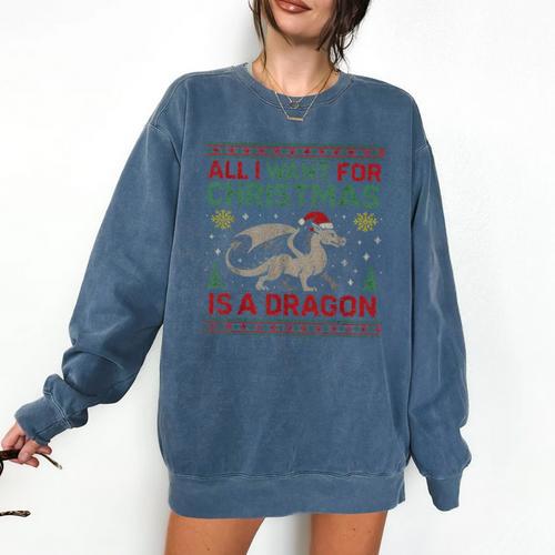 All I Want For Christmas Is A Dragon & Books Ugly Sweater Comfort Colors Sweatshirt - Bookorys DE
