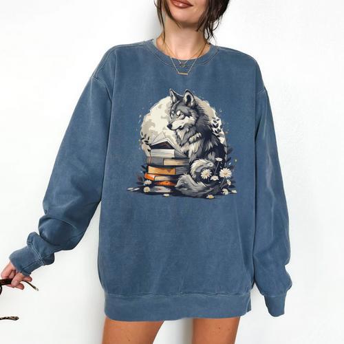 Wolf Reading Book Librarian Library Wolves Comfort Colors Sweatshirt - Bookorys