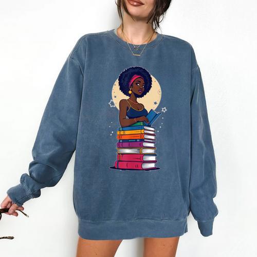 Woman And Books Stack Afro Girl Reading Lover Comfort Colors Sweatshirt - Bookorys CA