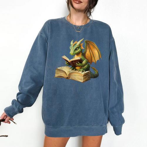 Women's Dragon Bookworm Reading Book Graphic Comfort Colors Sweatshirt - Bookorys AU
