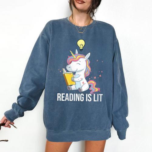 Women's Reading Is Lit Unicorn Library English Teacher Book Lover Comfort Colors Sweatshirt - Bookorys AU
