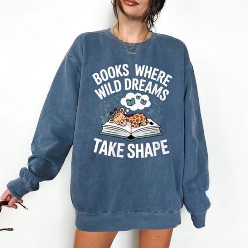 Women's Wild Dreams Reading Giraffe Book Reader Zoo Animals Kids Comfort Colors Sweatshirt - Bookorys