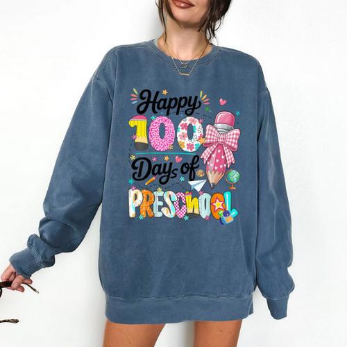 100th Day Of School Teacher Books 100 Days Of Preschool Girl Comfort Colors Sweatshirt - Bookorys DE