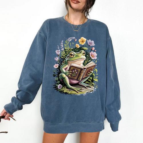 Aesthetic Cottagecore Frog Reading Book Floral Book Lover Comfort Colors Sweatshirt - Bookorys DE