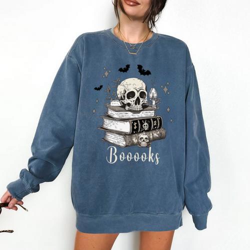 Boo Skeleton Skull Books Halloween Women School Teacher Kid Premium Comfort Colors Sweatshirt - Bookorys