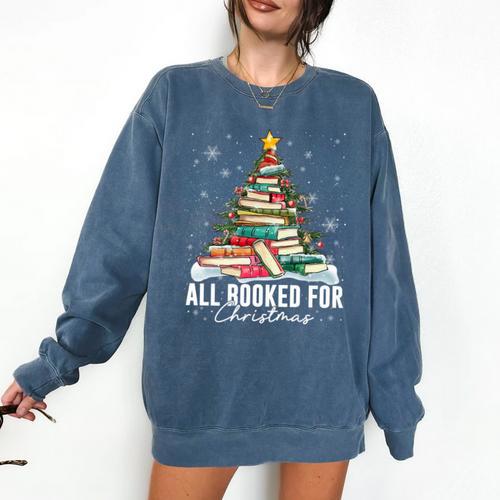 All Booked For Christmas Book Christmas Tree Lights Xmas Comfort Colors Sweatshirt - Bookorys