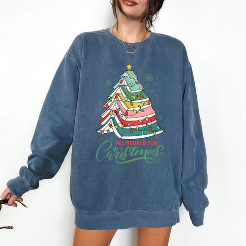 All Booked For Christmas Book Xmas Tree Lights Reading Girly Comfort Colors Sweatshirt - Bookorys