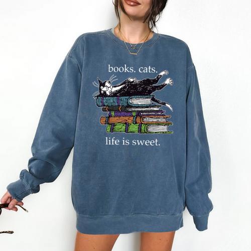 Books Cats Life Is Sweet Cats Books Lover Men Women Comfort Colors Sweatshirt - Bookorys