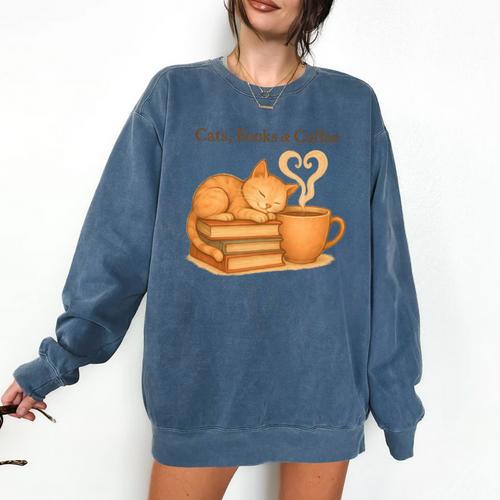 Cats Books And Coffee Heart Cozy Cat Lover Bookworm Readers Comfort Colors Sweatshirt - Bookorys