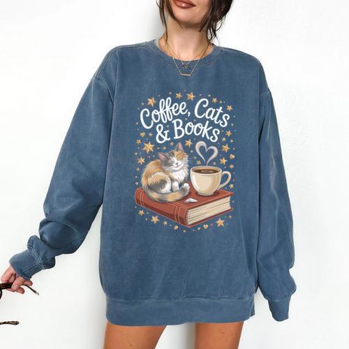 Coffee Cats & Books Cute Cat Book Lover Reading Comfort Colors Sweatshirt - Bookorys