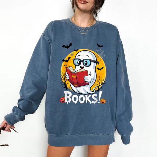 Cute Ghost Reading Book Retro Halloween Librarian Comfort Colors Sweatshirt - Bookorys