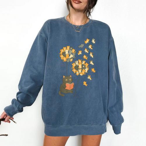 Cute Reading Cat With Kitten Dandelion Flowers Book Lover Comfort Colors Sweatshirt - Bookorys CA