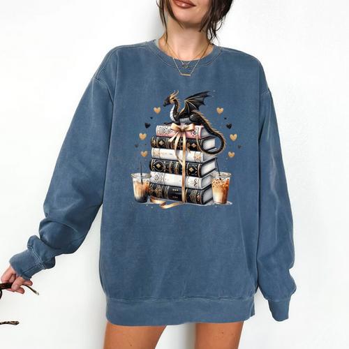 Dragon Hoard Of Books Reading Lover Cute Art Comfort Colors Sweatshirt - Bookorys AU