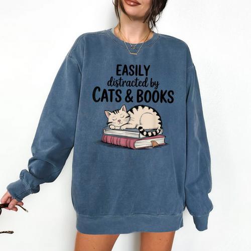 Easily Distracted By Cats And Books Cute Book Lover Comfort Colors Sweatshirt - Bookorys UK