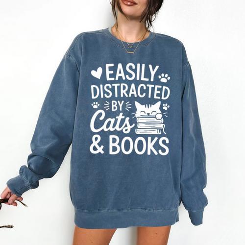 Easily Distracted By Cats And Books Reading Apparel Premium Tri-Blend Comfort Colors Sweatshirt - Bookorys UK