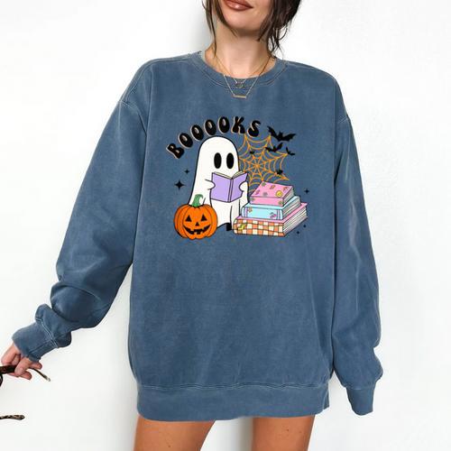Ghost Reading Halloween Women Teacher Book Lover Comfort Colors Sweatshirt - Bookorys
