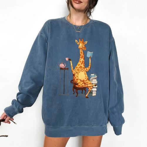 Giraffe Reading Tea Books Coffee Book Lover Graphic Comfort Colors Sweatshirt - Bookorys CA
