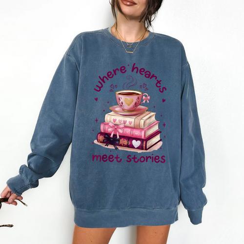 Where Hearts Groovy Meet Stories Coffee Books Valentines Day Comfort Colors Sweatshirt - Bookorys DE
