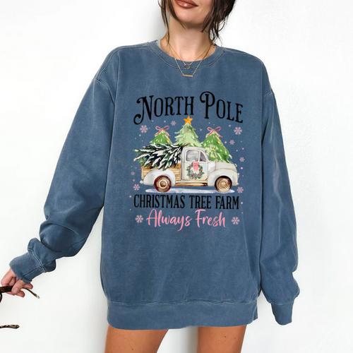 Holiday Scene Nostalgia North Pole Tree Farm Merry Christmas Comfort Colors Sweatshirt - Figerry