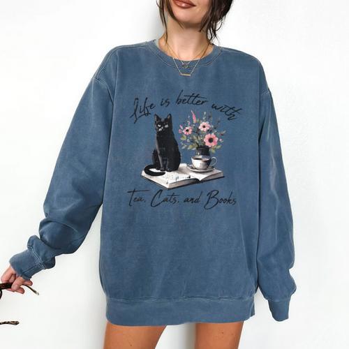 Life Better With 2 Cats Books Kitten Kitty Women Girls Kids Comfort Colors Sweatshirt - Bookorys