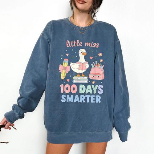 Little Miss 100 Days Smarter Cute Goose Reading Books Girls Comfort Colors Sweatshirt - Bookorys