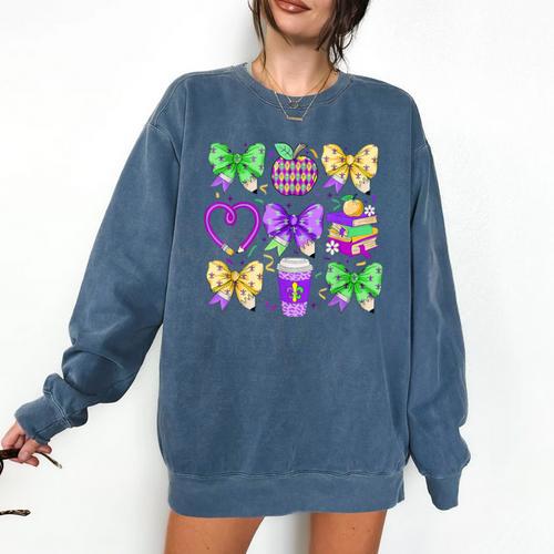 Mardi Gras Teacher Coquette Bow Pencil Apple Book Women Girl Comfort Colors Sweatshirt - Bookorys