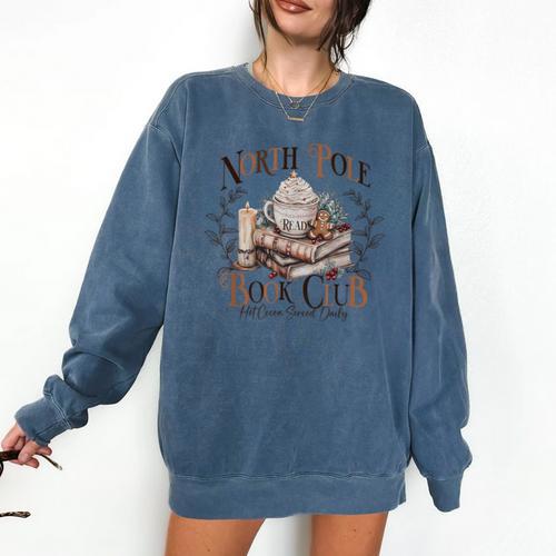 North Pole Book-Club Hot Cocoa Served Daily Christmas Book Comfort Colors Sweatshirt - Bookorys DE