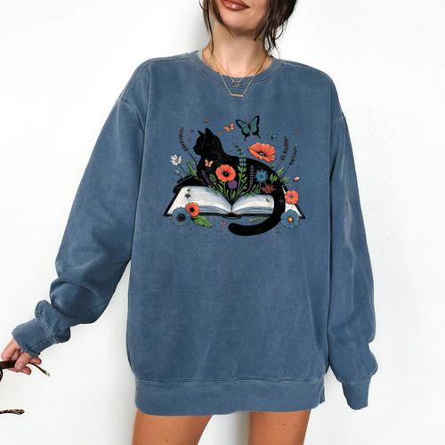 Retro Cute Cat Floral Book Librarian Vintage Floral Cat Book Comfort Colors Sweatshirt - Bookorys