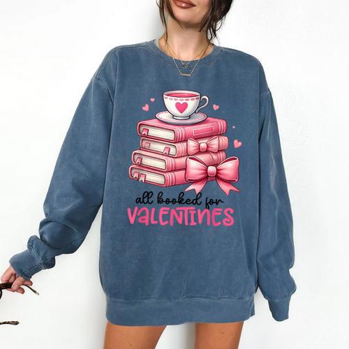 Retro Groovy Valentine Men Women Kid Tees By Emily All Booked For Valentines Book Reading Bookworm Nerdy Comfort Colors Sweatshirt - Bookorys CA