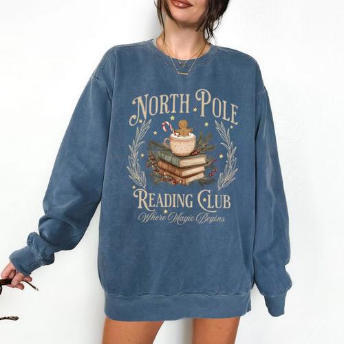 Retro North Pole Reading Club Hot Cocoa Book Lovers Xmas Comfort Colors Sweatshirt - Bookorys