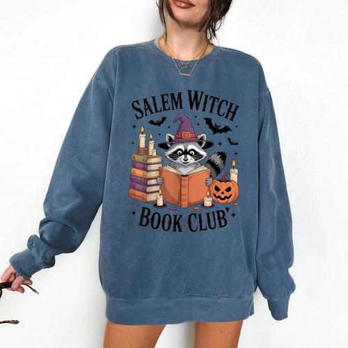 Salem WItch Book Club Halloween Raccoon Witch Reading Book Comfort Colors Sweatshirt - Bookorys