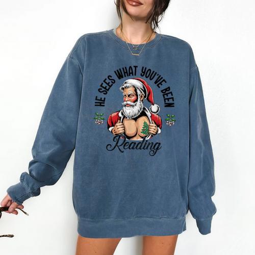 He Sees What You'Ve Been Reading Santa Xmas Book Lover Comfort Colors Sweatshirt - Bookorys