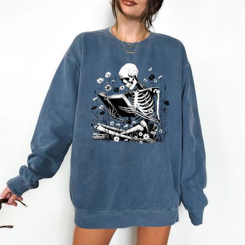 Skeleton Skull Halloween Book Reading Books Lover Teacher Comfort Colors Sweatshirt - Bookorys