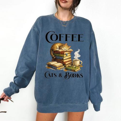 Sleeping Cat And Books With Coffee Lover Comfort Colors Sweatshirt - Bookorys AU
