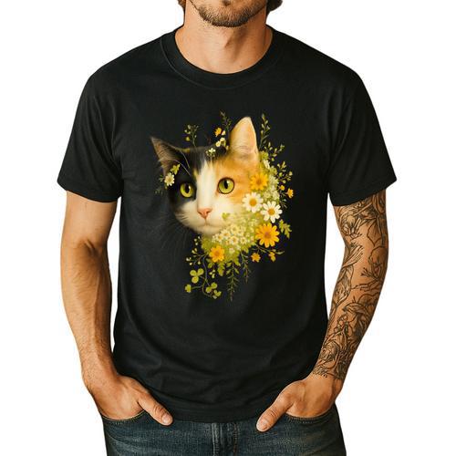 Calico Cat With Flowers For Mom Dad Women Men Kids Botanical Men's Casual T-Shirt - Father's Day Fun