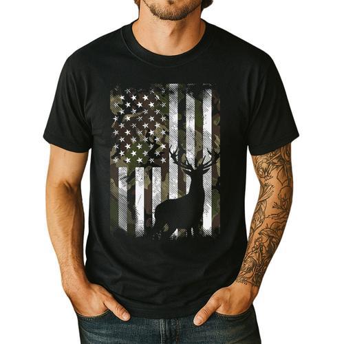 Camo US Flag Deer Elk Buck Camoflage Hunting Hunter Dad Short Sleeve Men's Casual T-Shirt - Father's Day Fun
