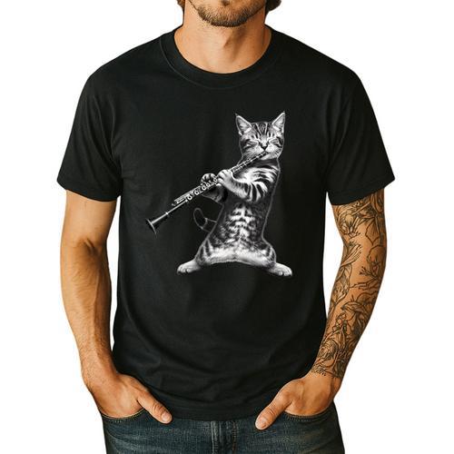 Cat Playing The Clarinet For Cat Lover Cat Mom Cat Dad Men's Casual T-Shirt - Father's Day Fun